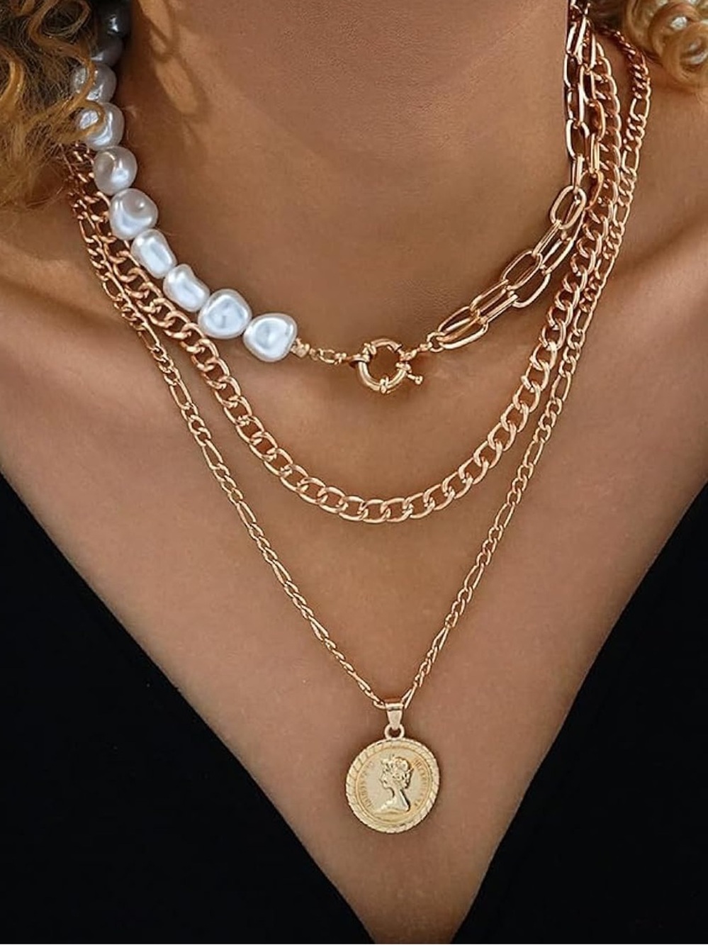 Gold Layered Coin and Pearl Necklace Set - Gold and White